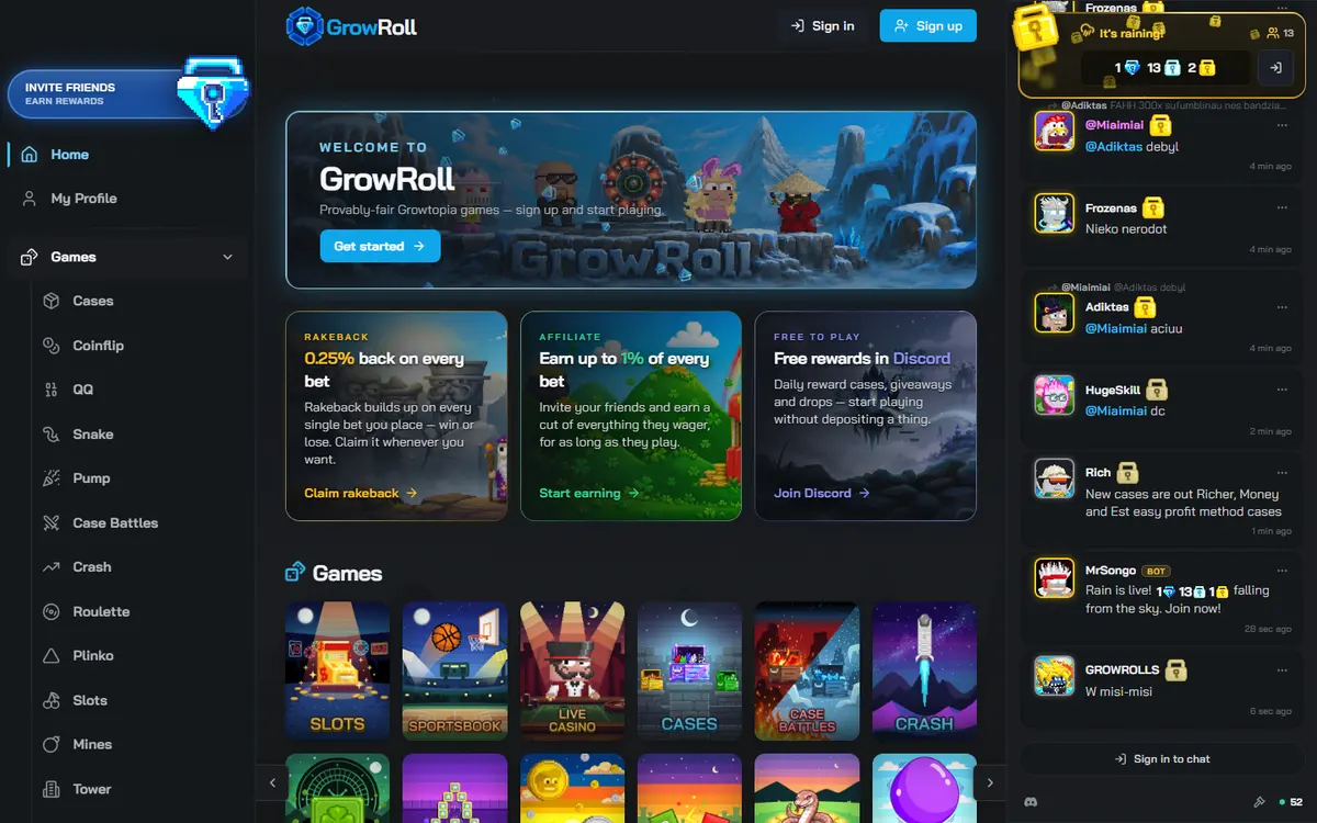 The GrowRoll homepage: its games, chat panel and layout